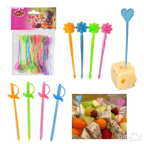 4241 Парти клечки за хапки пластмасови топери за парти Саби Цветя Сърца, снимка 1