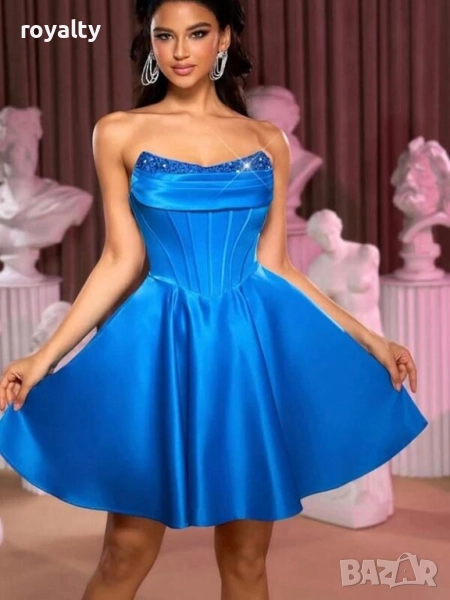 Официална синя сатенена рокля , снимка 1