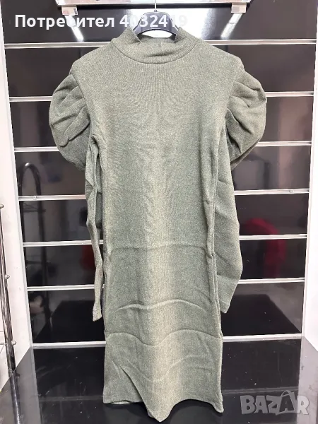 Маслено зелена дамска рокля с дълъг ръкав , снимка 1