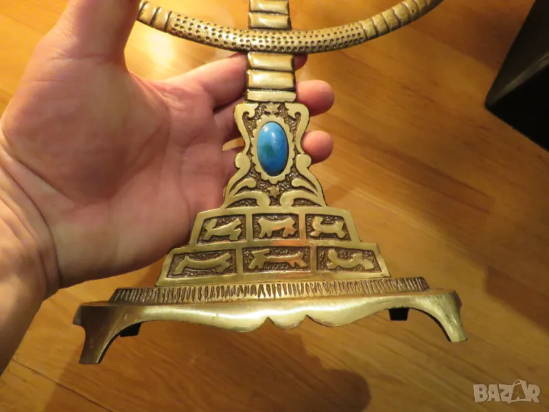 Голям старинен бронзов свещник МЕНОРА с орнаменти и камък син тюркоаз 36х 35см. - еврейски седемсвещ, снимка 1