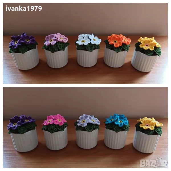 Плетени теменужки в бели кашпи, снимка 1