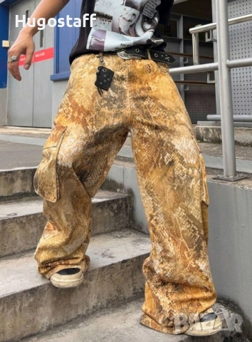 Нови baggy Casual Loose Fit Jeans дънки панталони карго змийска кожа камуфлаж размер 34