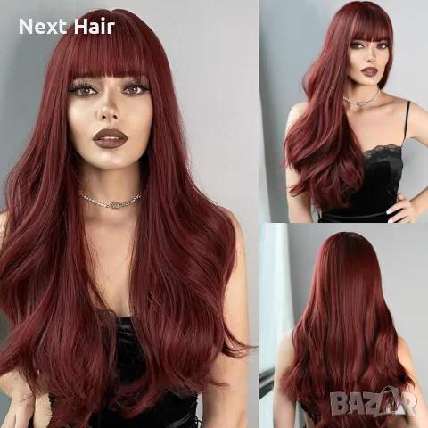 Кестенява вълнообразна перука с бретон, снимка 2 - Аксесоари за коса - 48438459