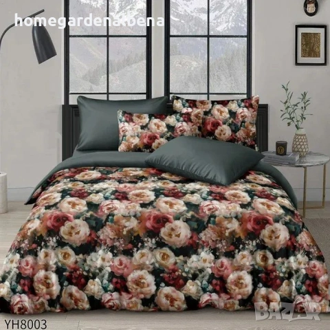 Луксозно спално бельо памучен сатен флорални десени 4 части двоен комплект с ластик