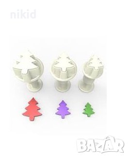 3 бр мини елха елхичка пластмасови резци форми с бутало резец форма пластмасови с релеф за фондан