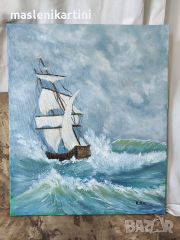 Кораб сред вълните маслена картина, снимка 2 - Картини - 38612377