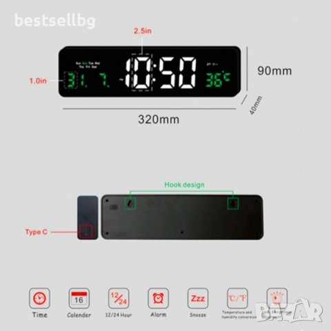 Светещ в тъмното дигитален часовник с термометър голям дисплей на ток, снимка 2 - Други - 42810441