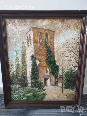 Teck 69х59см/стара картина масло върху платно/пейзаж-кула-градина/дървена рамка