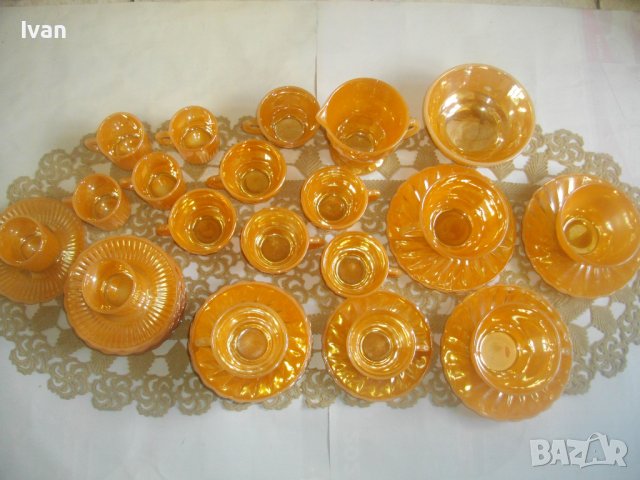 37 Части Нов Сервиз Кафе Чай Made in USA FIRE KING ANCHOR HOCKIN  Винтидж Цвят Праскова/Сьомга-1940г