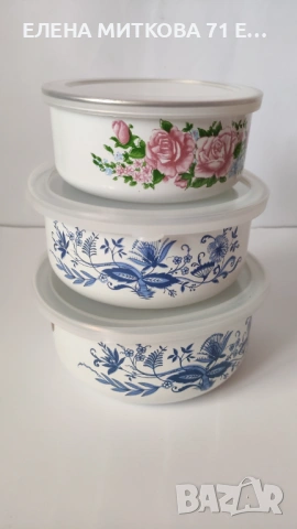 Нов комплект от 3 дебели емайлирани купи с пластични капаци