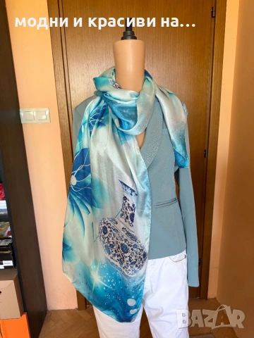 Красив копринен шал в синята гама, снимка 14 - Шалове - 52738588