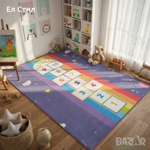 Детски килим за игра 120х160см - Тъмносин килим с облачета и дъга, противоплъзгащ и миещ се, снимка 4 - Други - 53928263