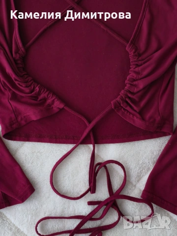 Бордо къс топ с връзки и ефектен гръб, снимка 3 - Блузи с дълъг ръкав и пуловери - 53286043