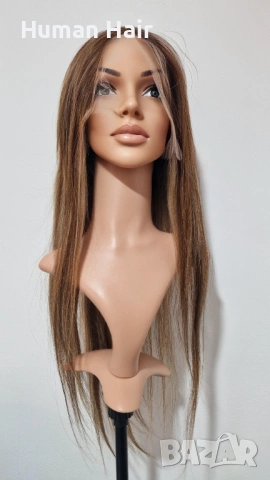 Естествена перука от бразилска коса 70-75 см - Lace Front 13x6, кафява с руси кичури, 200% плътност