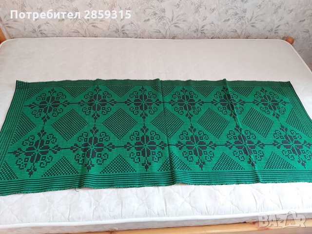 Автентична ръчно тъкана черга от 1980 г. (черно-зелена), снимка 2 - Други - 31639857