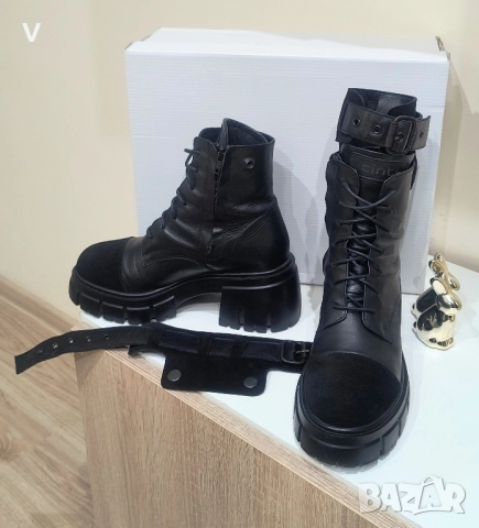 Дамски черни кожени боти кубинки ботуши Tinti естествена кожа платформа 38 номер , снимка 2 - Дамски боти - 52614014