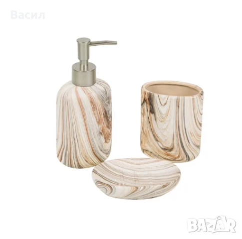 Керамичен комплект за баня в цвят кафяв/бежов, който се състои от 3 части - сапунерка, дозатор за те, снимка 1