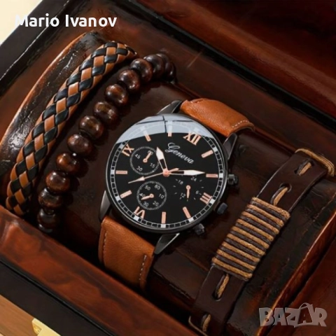 Комплект ръчен мъжки часовник с три гривни – стилен аксесоар за всеки повод, снимка 5 - Дамски - 52847315