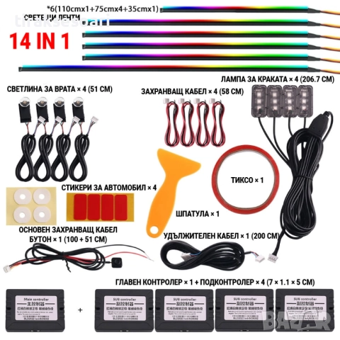 RAINBOW LED амбиентно осветление за автомобили с RGB 256 цвята, 14 в 1, снимка 2 - Аксесоари и консумативи - 52567063