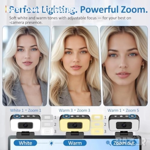 Нова USB уеб камера 2K 60fps с шумопотискане, зуум и LED осветление, снимка 3 - Други - 51771170