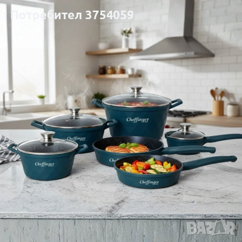 Премиум комплект съдове за готвене 12 части с мраморно покритие Cheffinger– Тенджери, тигани и касер, снимка 3 - Съдове за готвене - 53124115