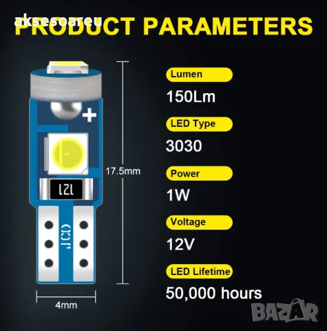 Нови 10 бр. малки габаритни крушки за осветление на арматурно табло T5 3SMD LED супер ярък 3030 LED , снимка 4 - Аксесоари и консумативи - 50391111
