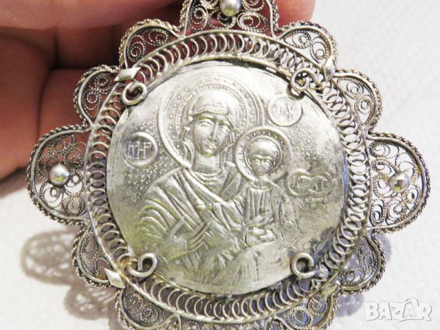 Възрожденска Сребърна икона, амулет, накит, медальон с Богородица, Дева Мария - Панагия 70 мм Сребро, снимка 4 - Антикварни и старинни предмети - 30339453