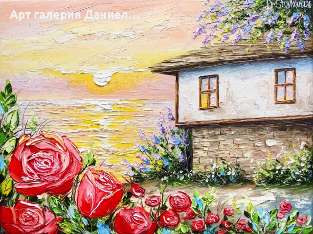 Пролетен пейзаж с цветя - Бряг на люляци и рози