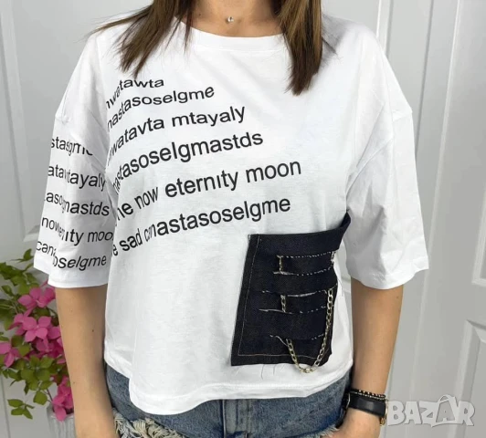  Тениска кроп модел с деним джобче , снимка 2 - Тениски - 50922067