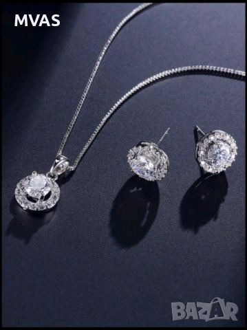 Нов дамски комплект блестящо колие и обеци цирконий, снимка 3 - Бижутерийни комплекти - 54093559