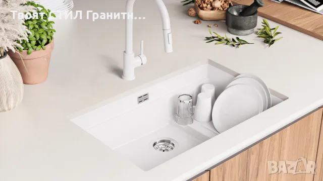 Бяла гранитна мивка за монтаж под плот Прага 80 Step Level 560 x 470 мм, снимка 3 - Мивки - 49811749