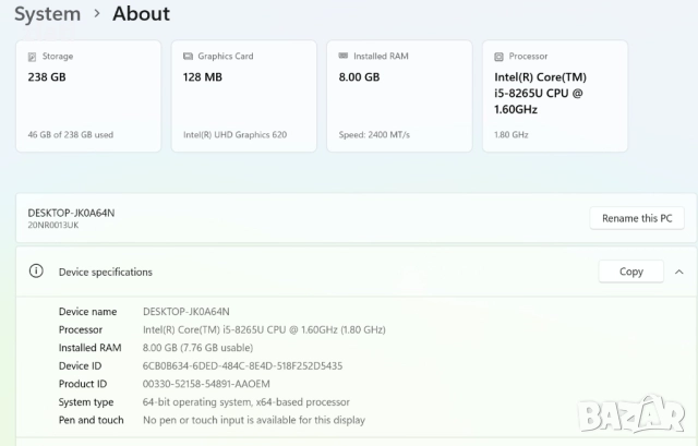Лаптоп Lenovo ThinkPad L390 - 13.3" - i5-8265U 1.6GHz / 8GB RAM DDR4 / SSD 256GB / Win 11 Pro, снимка 9 - Лаптопи за работа - 52478268