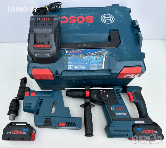 BOSCH GBH 18V-26 F + Bosch GDE 18V-16 - Безчетков перфоратор с прахоуловител като нов!