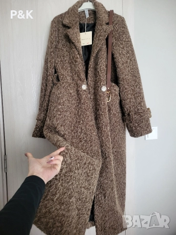 Кафяво палто с колан, снимка 6 - Палта, манта - 52615571