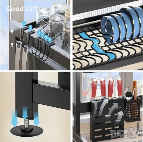 Мултифункционален Отцедник за съдове Над мивка, С врата, С поставка за прибори, 2 нива, Черен, снимка 8 - Други стоки за дома - 50384154