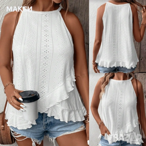 Макси разкошен силно еластичен клоширан потник с модерно деколте, къдрички и извивки в снежно бяло