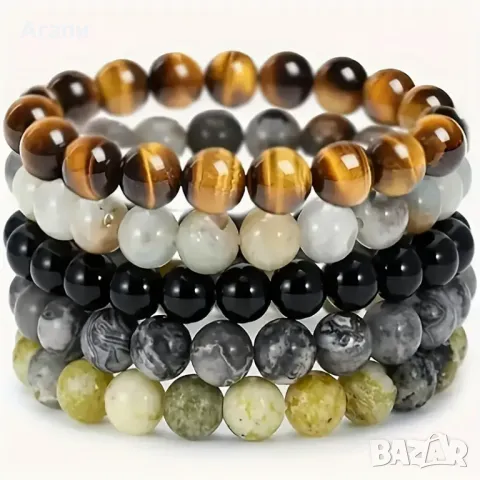 Комплект от 5 броя унисекс гривни от естествен камък нови, снимка 2 - Гривни - 50209666