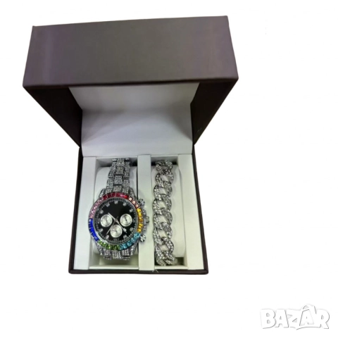 Комплект часовник + гривна – Луксозен стил с камъни, снимка 3 - Бижутерийни комплекти - 52040676