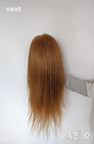 Фризьорска тренировъчна глава с ЕСТЕСТВЕНА коса 60см + стойка, снимка 5 - Фризьорски принадлежности - 25232383