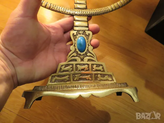 Голям старинен бронзов свещник МЕНОРА с орнаменти и камък син тюркоаз 36х 35см. - еврейски седемсвещ