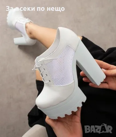 Дамски Бели Обувки На Дебел Ток С Връзки - Кожа Код D2474, снимка 2 - Дамски обувки на ток - 50307900