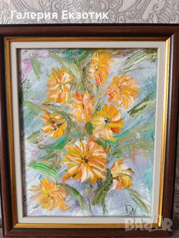 Маслена картина "Слънчогледи" с авторско стихче към нея, снимка 4 - Картини - 54152515
