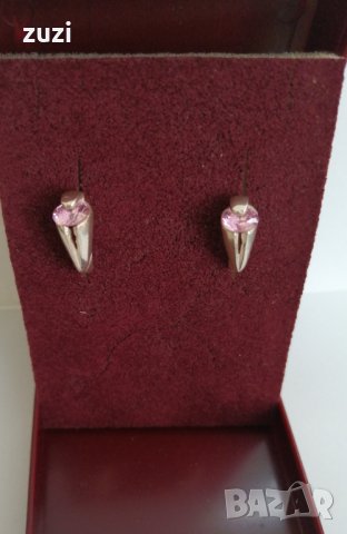 Сребърни обеци с розов цирконий. Сребро проба 925. 