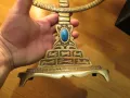 Голям старинен бронзов свещник МЕНОРА с орнаменти и камък син тюркоаз 36х 35см. - еврейски седемсвещ, снимка 1