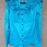 Дамска стилна блуза от небесно син копринен еластичен плат, снимка 1 - Блузи с дълъг ръкав и пуловери - 40574652