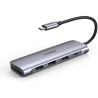 UGREEN USB C Hub 6 в 1 USB-C към 4K HDMI, 2xUSB 3.0, PD 100 W, SD/TF четец на карти, снимка 1 - Други - 40517213