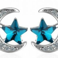 Sale Обеци с кристали луни и звезди"blue"/нови, снимка 1 - Колиета, медальони, синджири - 37762212