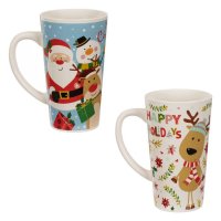 2 броя Комплект коледни високи керамични чаши Елен Дядо Коледа, 480 мл, снимка 2 - Чаши - 42754339