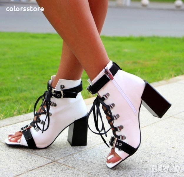 Летни боти на ток - бяла кожа с черна каишка - BK55, снимка 1