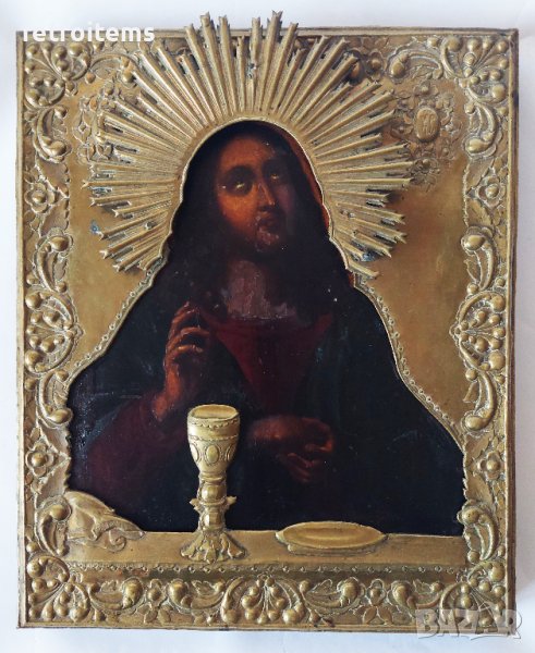 19 Век! Руска икона на Света Евхаристията в Бронзов Обков, снимка 1